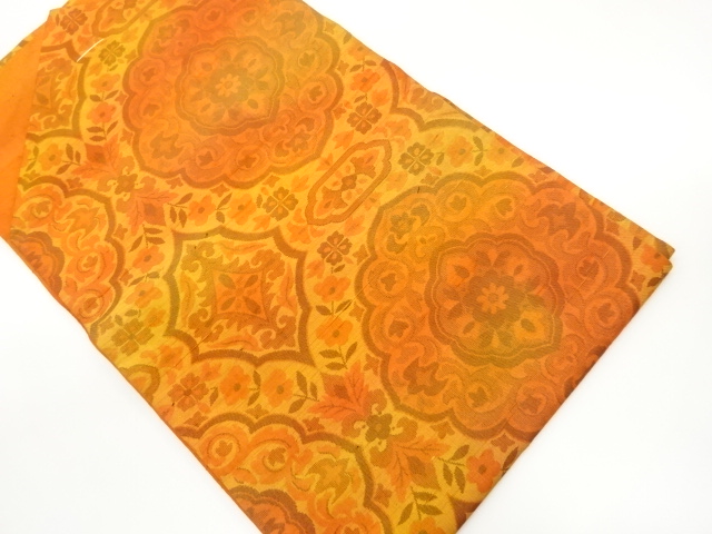 未使用品　手織り紬華文に草花模様織出し名古屋帯